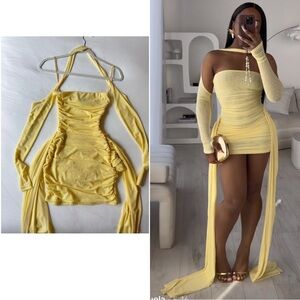 Strapless Ruched Yellow Mini Dress with Detachable Sleeves